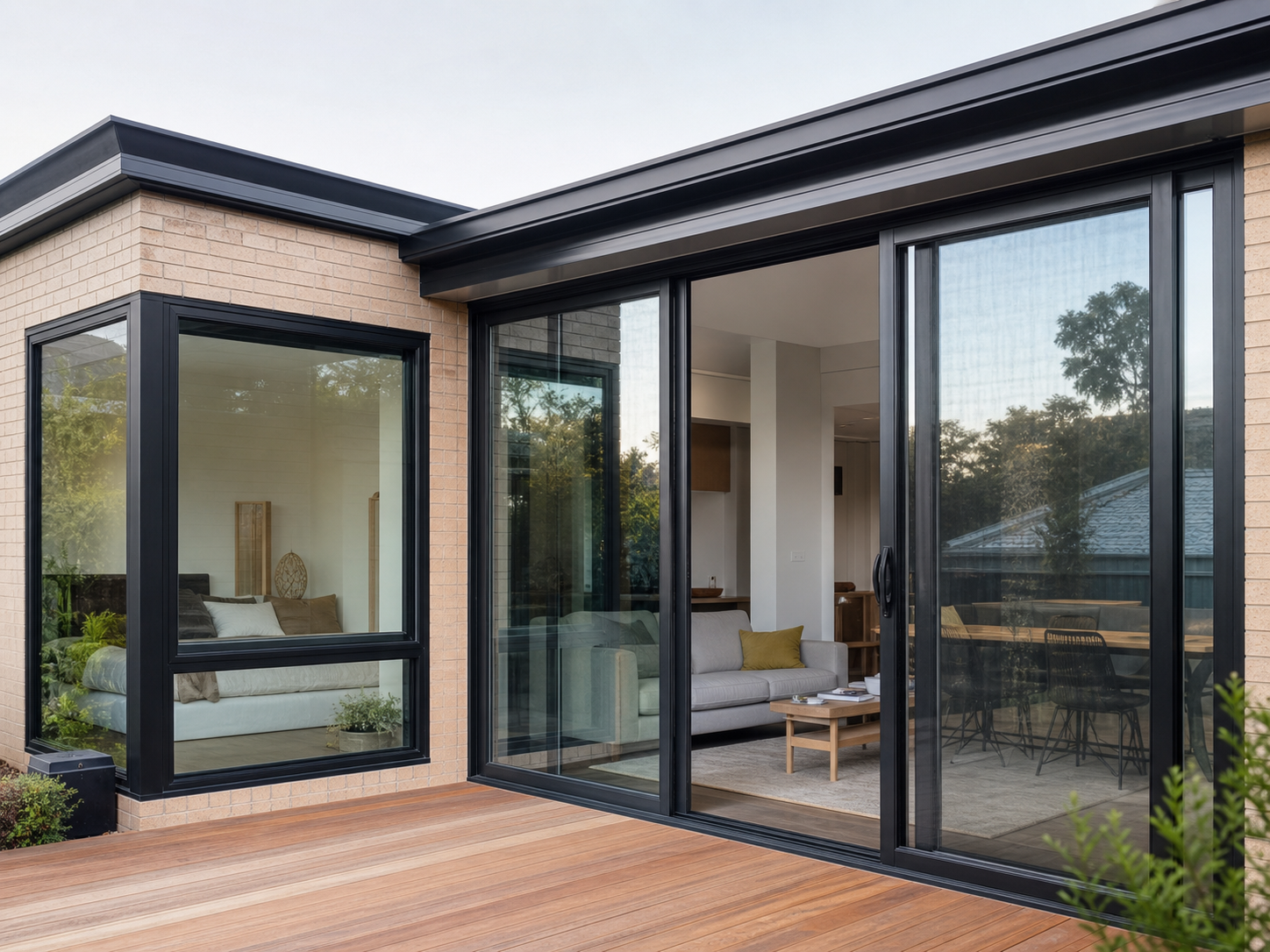 Aluminium awning and fixed windows in a modern home